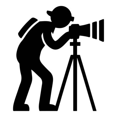 Üçayak üzerinde dijital kamerası olan profesyonel bir fotoğrafçı ikonu bir siluet vektörünü yakalar.