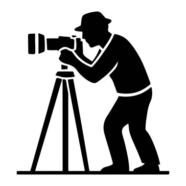 Üçayak üzerinde dijital kamerası olan profesyonel bir fotoğrafçı ikonu bir siluet vektörünü yakalar.