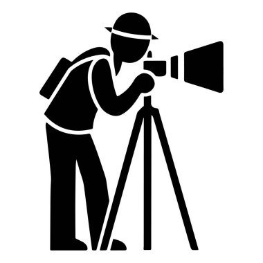 Üçayak üzerinde dijital kamerası olan profesyonel bir fotoğrafçı ikonu bir siluet vektörünü yakalar.