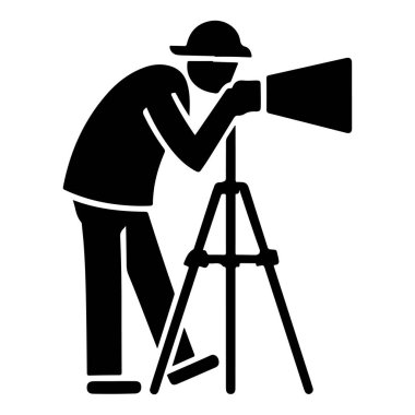 Üçayak üzerinde dijital kamerası olan profesyonel bir fotoğrafçı ikonu bir siluet vektörünü yakalar.