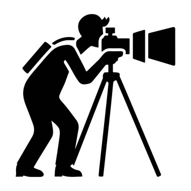 Üçayak üzerinde dijital kamerası olan profesyonel bir fotoğrafçı ikonu bir siluet vektörünü yakalar.