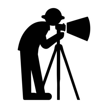 Üçayak üzerinde dijital kamerası olan profesyonel bir fotoğrafçı ikonu bir siluet vektörünü yakalar.