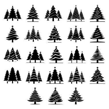 Beyaz Arkaplanda Yıldızlı ve Dekorasyonlu Siyah Noel Ağacı Siluetleri