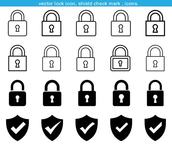 Asma kilit ve Kalkan Denetimi Seti Simge Siluet vektör etiketi koleksiyonu