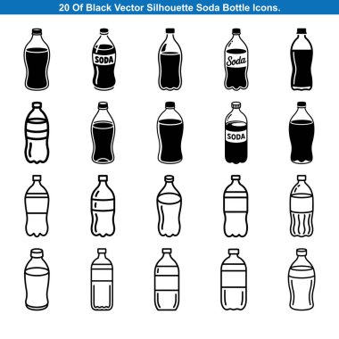 20 Black Soda Şişe Simgesi Siluet vektör koleksiyonu.