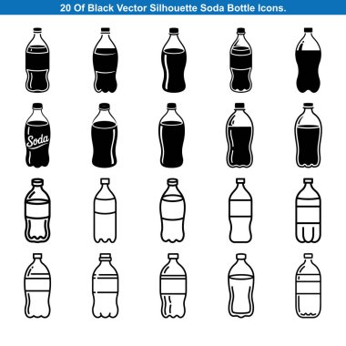 20 Black Soda Şişe Simgesi Siluet vektör koleksiyonu.