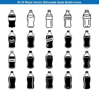 20 Black Soda Şişe Simgesi Siluet vektör koleksiyonu.