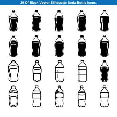 20 Black Soda Şişe Simgesi Siluet vektör koleksiyonu.