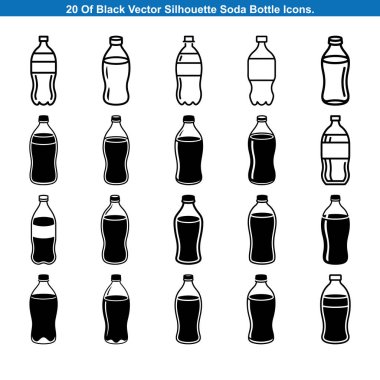 20 Black Soda Şişe Simgesi Siluet vektör koleksiyonu.