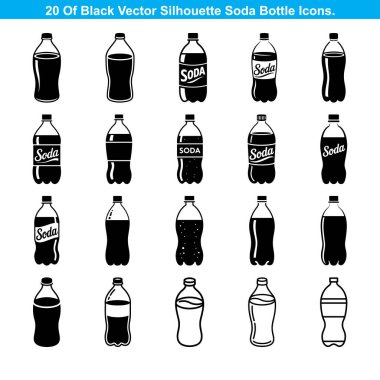 20 Black Soda Şişe Simgesi Siluet vektör koleksiyonu.