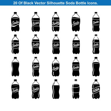 20 Black Soda Şişe Simgesi Siluet vektör koleksiyonu.