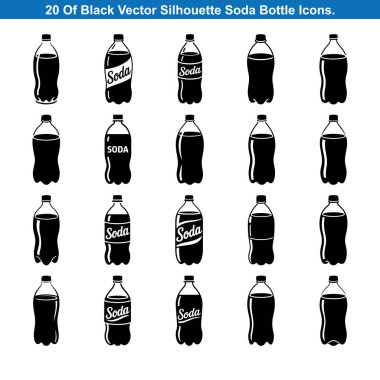 20 Black Soda Şişe Simgesi Siluet vektör koleksiyonu.
