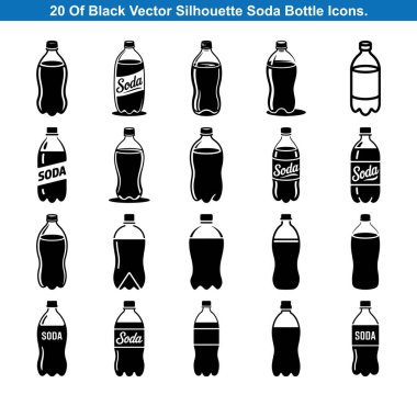 20 Black Soda Şişe Simgesi Siluet vektör koleksiyonu.