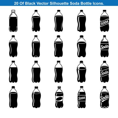 20 Black Soda Şişe Simgesi Siluet vektör koleksiyonu.