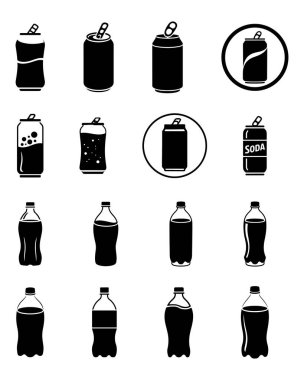 Siyah Soda Kutusu ve Plastik Şişe Simgeleri İçecek Paketi ve Markalaşma İçin İçecek Silüetlerini Ayarladı