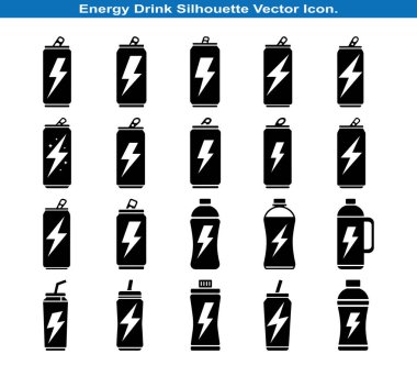 Enerji İçeceği Kutusu ve Şişe Siluetleri Vektör Ayarları Koleksiyonu