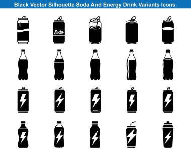 Soda ve Enerji İçeceği Kutusu Koleksiyonu ve Şişe Siluetleri vektör simgeleri.