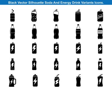 Soda ve Enerji İçeceği Kutusu Koleksiyonu ve Şişe Siluetleri vektör simgeleri.