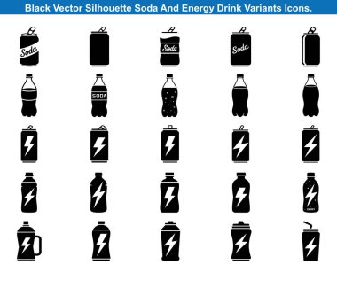 Soda ve Enerji İçeceği Kutusu Koleksiyonu ve Şişe Siluetleri vektör simgeleri.