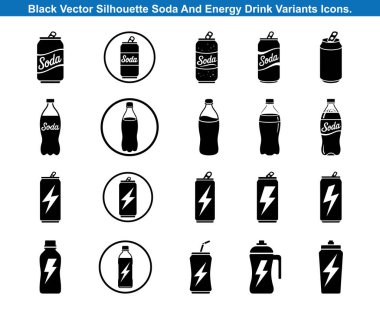 Soda ve Enerji İçeceği Kutusu Koleksiyonu ve Şişe Siluetleri vektör simgeleri.