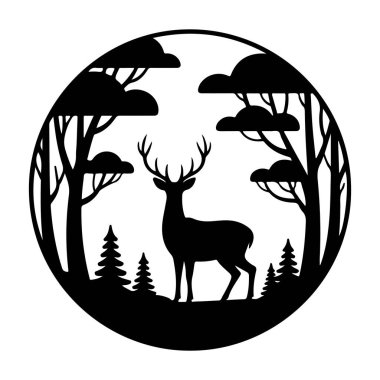Orman Çemberi Siluetinde Geyik Görkemliliği dairesel vektöre çarpıyor.
