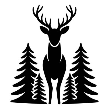 Görkemli Geyik Evergreen Ağaçları Arasında Uzun Duruyor Siluet vektör simgeleri.