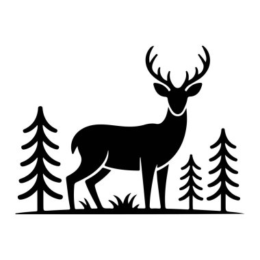 Görkemli Geyik Evergreen Ağaçları Arasında Uzun Duruyor Siluet vektör simgeleri.