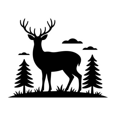 Görkemli Geyik Evergreen Ağaçları Arasında Uzun Duruyor Siluet vektör simgeleri.