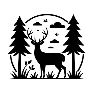 Görkemli Geyik Evergreen Ağaçları Arasında Uzun Duruyor Siluet vektör simgeleri.