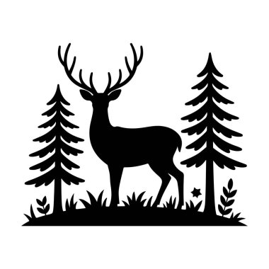 Görkemli Geyik Evergreen Ağaçları Arasında Uzun Duruyor Siluet vektör simgeleri.