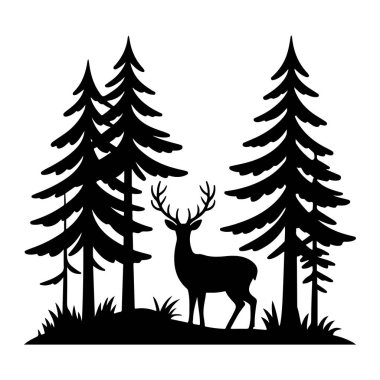 Görkemli Geyik Evergreen Ağaçları Arasında Uzun Duruyor Siluet vektör simgeleri.