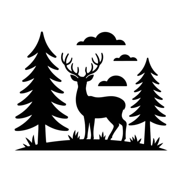Görkemli Geyik Evergreen Ağaçları Arasında Uzun Duruyor Siluet vektör simgeleri.
