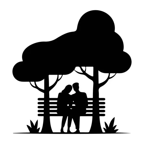 Bir ağaç dalı siluetinde oturan romantik çift etiket vektör simgesi.