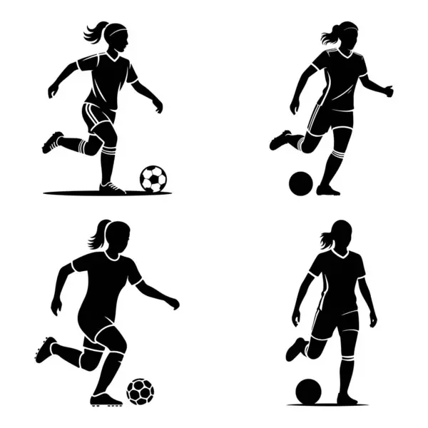 Çeşitli pozlarda dört bayan futbolcu silueti, dinamik hareketler ve spor hünerleri sergiliyor. siluet