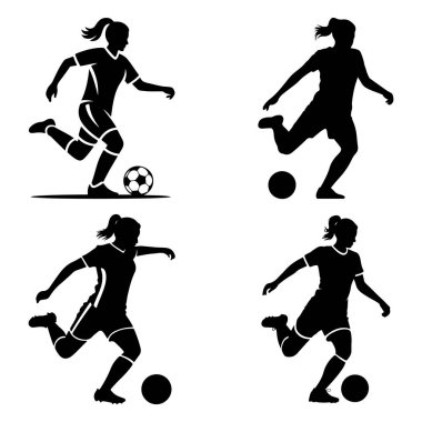 Bu tasarım stilize edilmiş bir bayan futbolcuya sahiptir. Sanat eserleri kalın bir siluet tarzıyla sunuluyor, simgeler ve grafikler için mükemmel..