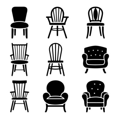 Siyah Siluet Biçimli Silüet Simgelerinde Çeşitli Sandalye Tasarımları Koleksiyonu.