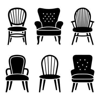 Siyah Siluet Biçimli Silüet Simgelerinde Çeşitli Sandalye Tasarımları Koleksiyonu.
