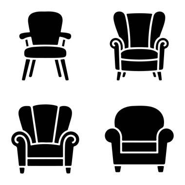 Siyah Siluet Biçimli Silüet Simgelerinde Çeşitli Sandalye Tasarımları Koleksiyonu.