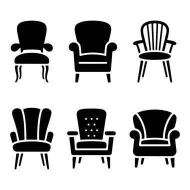 Siyah Siluet Biçimli Silüet Simgelerinde Çeşitli Sandalye Tasarımları Koleksiyonu.