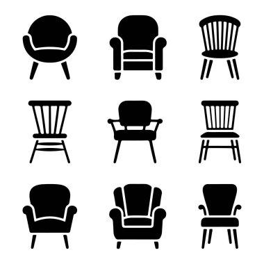 Siyah Siluet Biçimli Silüet Simgelerinde Çeşitli Sandalye Tasarımları Koleksiyonu.