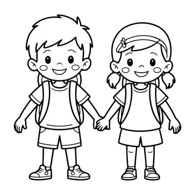 Elele tutuşan çocuklar Okulun Siluet Vektör Sanatına Gidiyor.