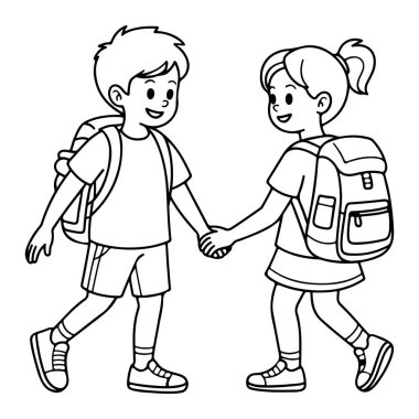 Elele tutuşan çocuklar Okulun Siluet Vektör Sanatına Gidiyor.