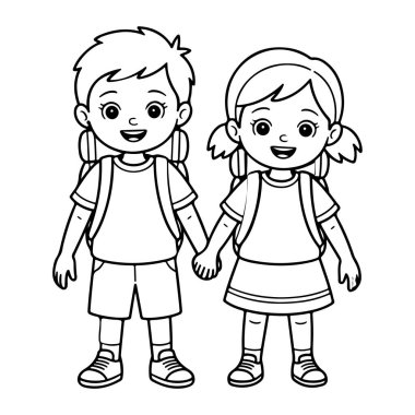 Elele tutuşan çocuklar Okulun Siluet Vektör Sanatına Gidiyor.