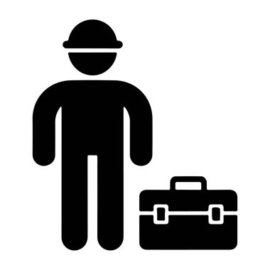 Araç Kutusu ve Araçlar Siyah Silueti olan İnşaat İşçisi