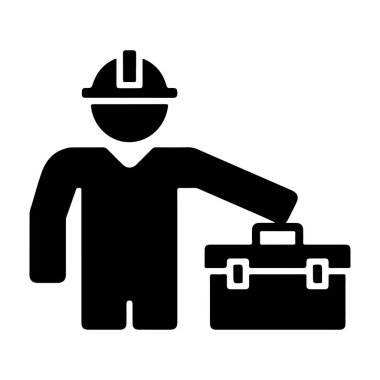 Araç Kutusu ve Araçlar Siyah Silueti olan İnşaat İşçisi