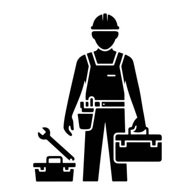 Araç Kutusu ve Araçlar Siyah Silueti olan İnşaat İşçisi