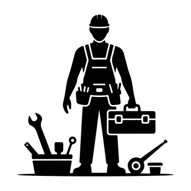 Araç Kutusu ve Araçlar Siyah Silueti olan İnşaat İşçisi