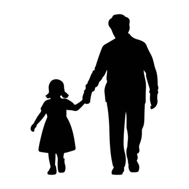 Büyükannem ve büyükbabam, torunumla yürüyorlar. El ele tutuşuyorlar. Siyah siluet.
