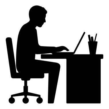 Masanın siluetinde dizüstü bilgisayarda çalışan adam