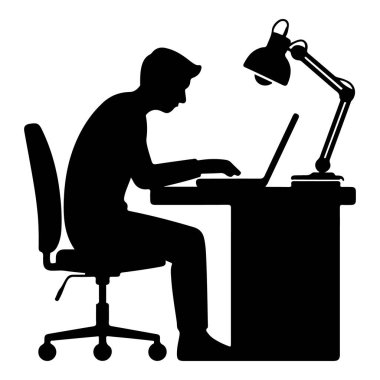 Masanın siluetinde dizüstü bilgisayarda çalışan adam